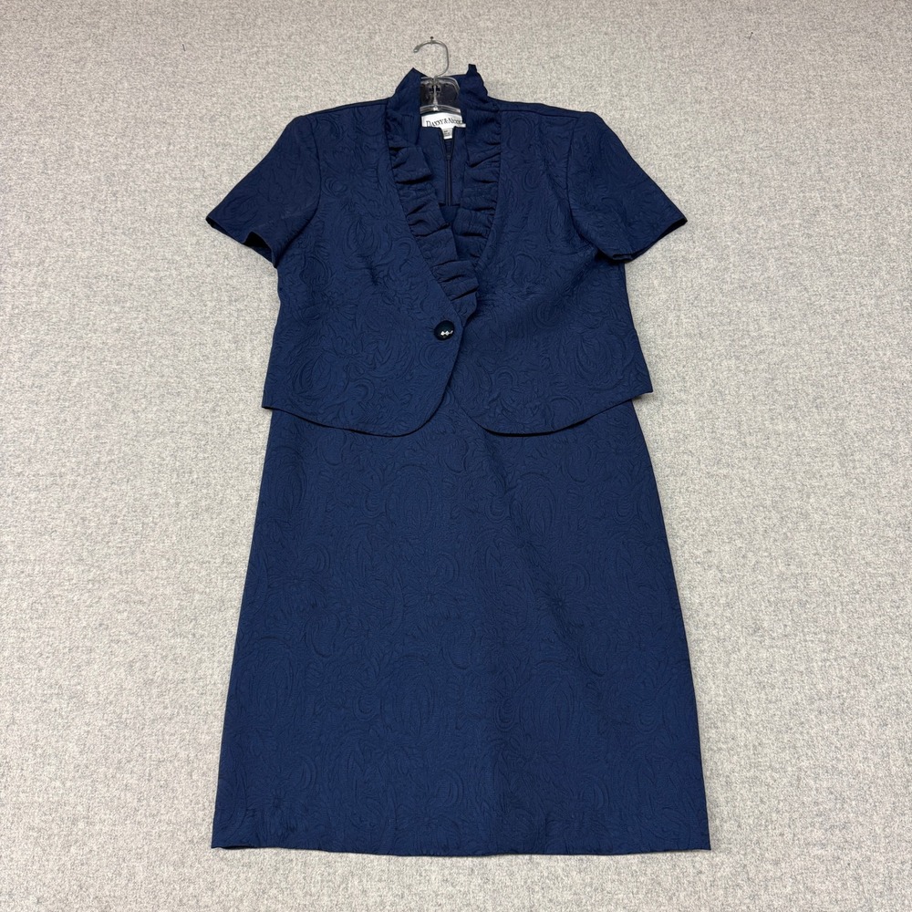 Danny & Nicole Dress Suit Set 6P Navy Blue Jacquard Ruffle Jacket 2 Piece Petite